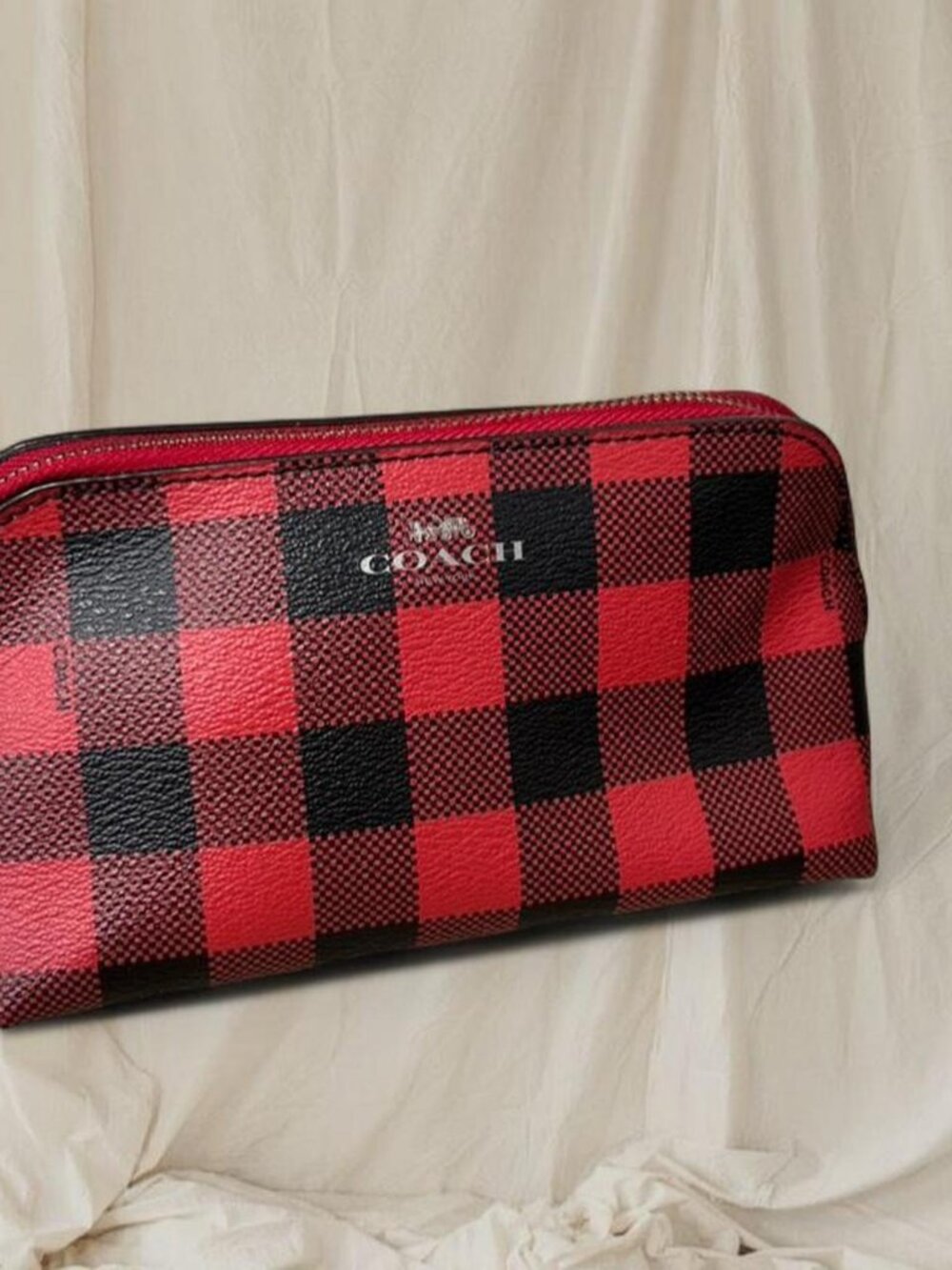 Authentic Coach Monogram Plaid Red & Black Logo Mini Zipper Bag 🍸 - Picture 3 of 7